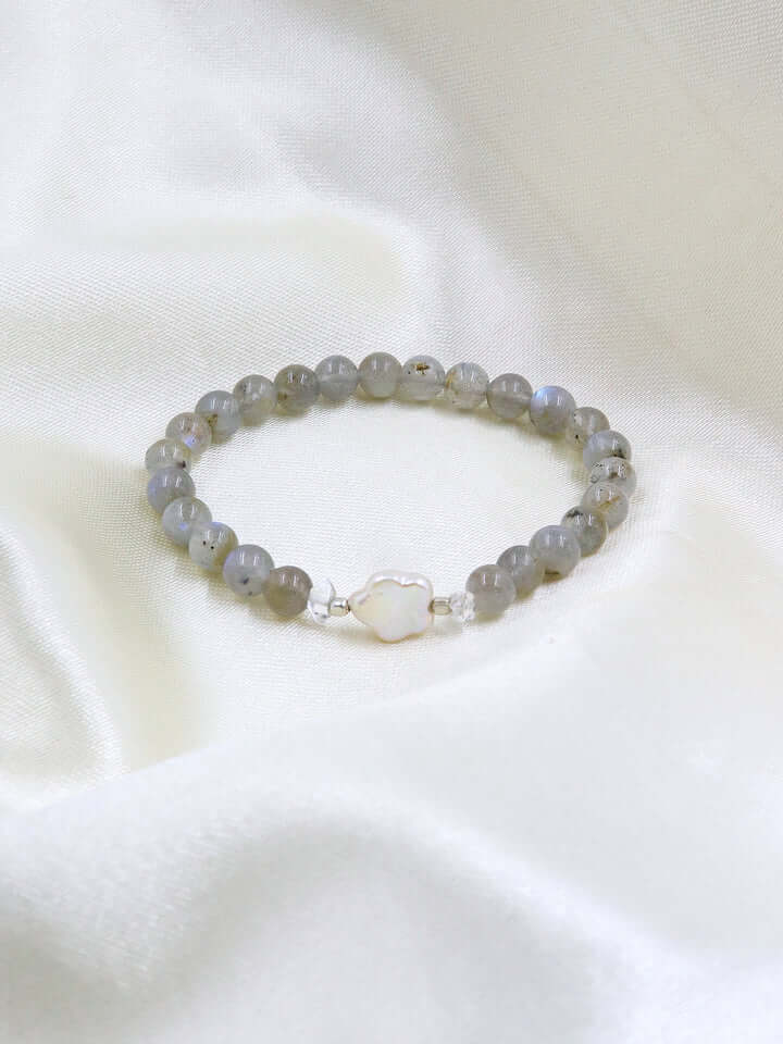 Labradorite , Fresh Water Pearl  & Herkimer Diamond  Mala Bracelet