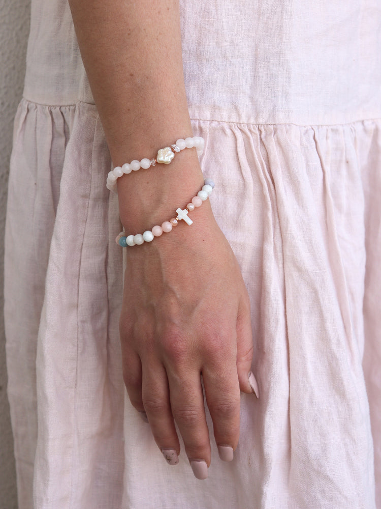 White Quartz & Fresh Water Pearl & Herkimer Diamond  Mala Bracelet