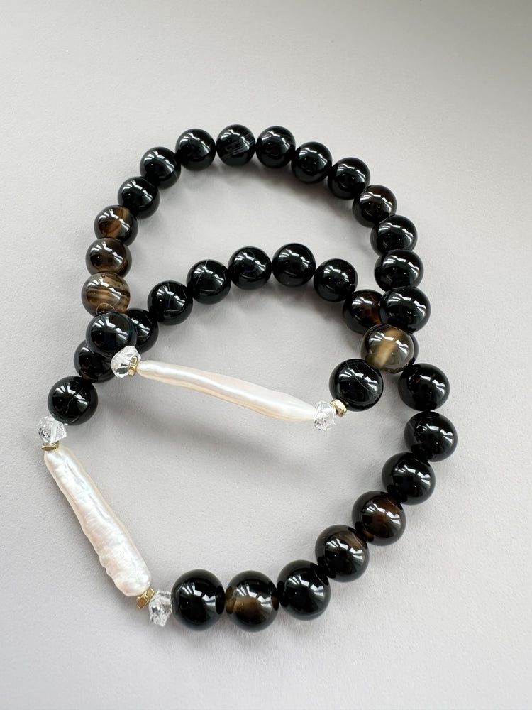 Stick Pearl and Black Agate Bracelet
