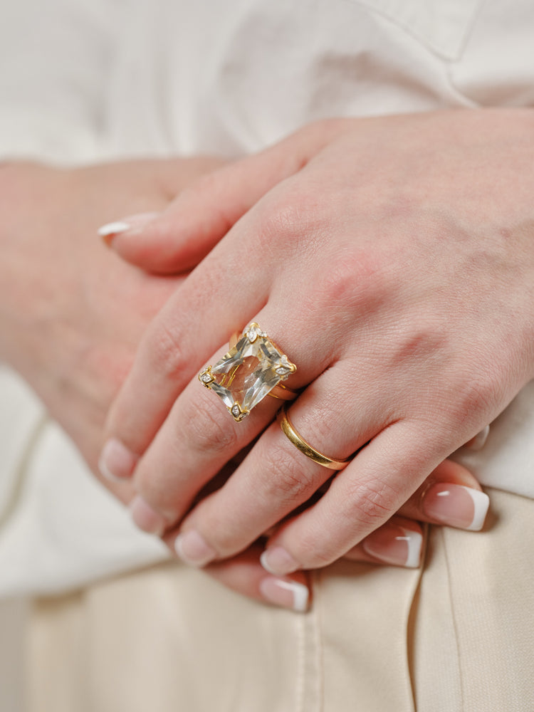 Yellow Gold Plated White Topaz Statement Ring