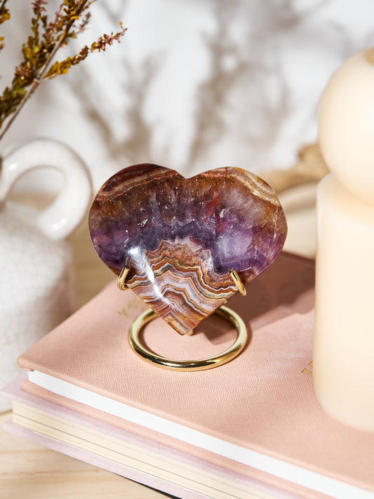 Amethyst Agate Heart on Gold Stand