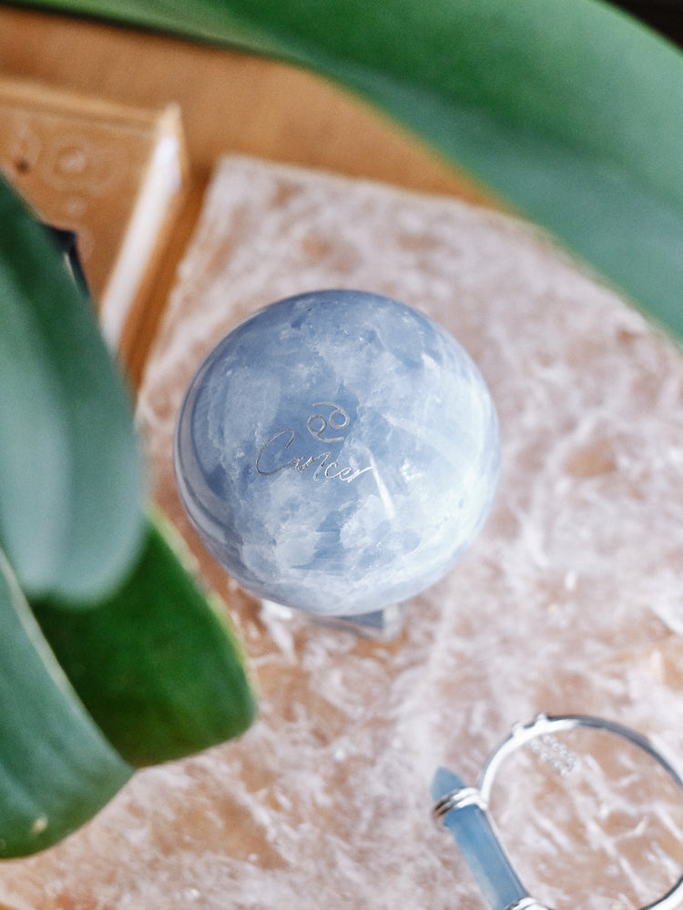 Engraved "Cancer" Blue Calcite Sphere 795g