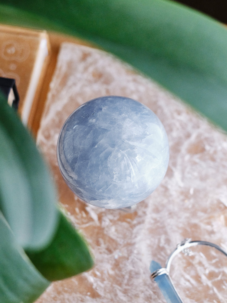 Engraved "Cancer" Blue Calcite Sphere 795g