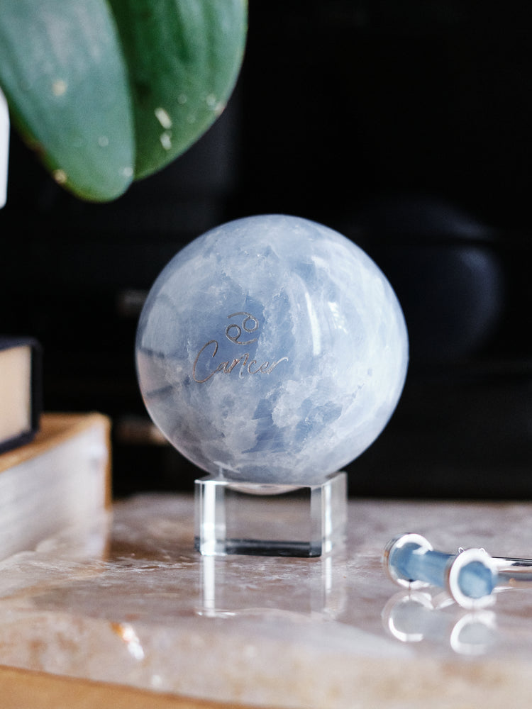 Engraved "Cancer" Blue Calcite Sphere 795g