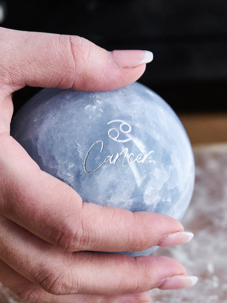 Engraved "Cancer" Blue Calcite Sphere 795g