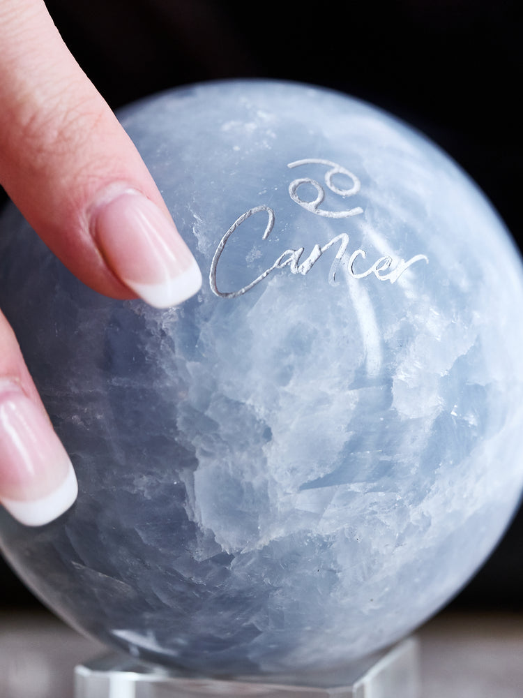 Engraved "Cancer" Blue Calcite Sphere 795g