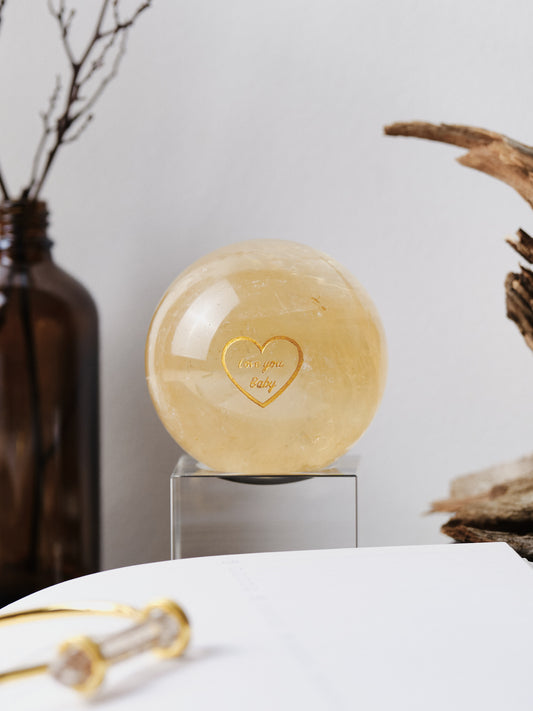 Engraved "Love you Baby" Honey Calcite Sphere