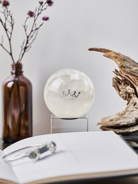 Engraved "The Goat" Honey Calcite Sphere