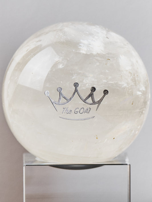 Engraved "The Goat" Honey Calcite Sphere