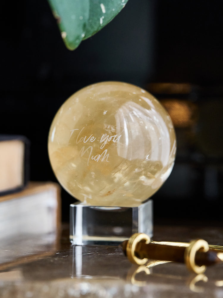 Engraved "I love you Mum" Honey Calcite Sphere 535g