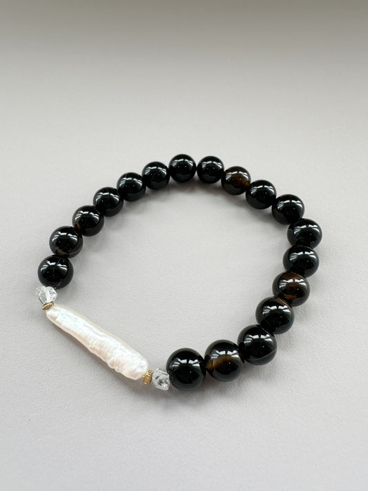 Stick Pearl and Black Agate Bracelet