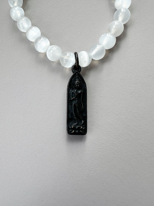 Selenite with Black Buddha Charm Bracelet