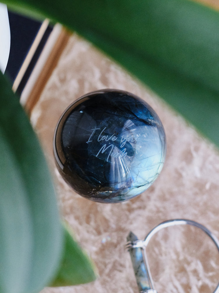 Engraved "I love you Mum" Labradorite Sphere 536g