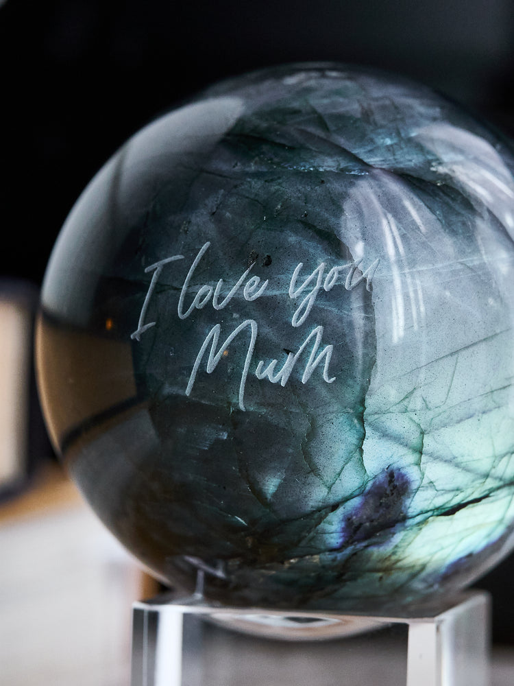 Engraved "I love you Mum" Labradorite Sphere 536g