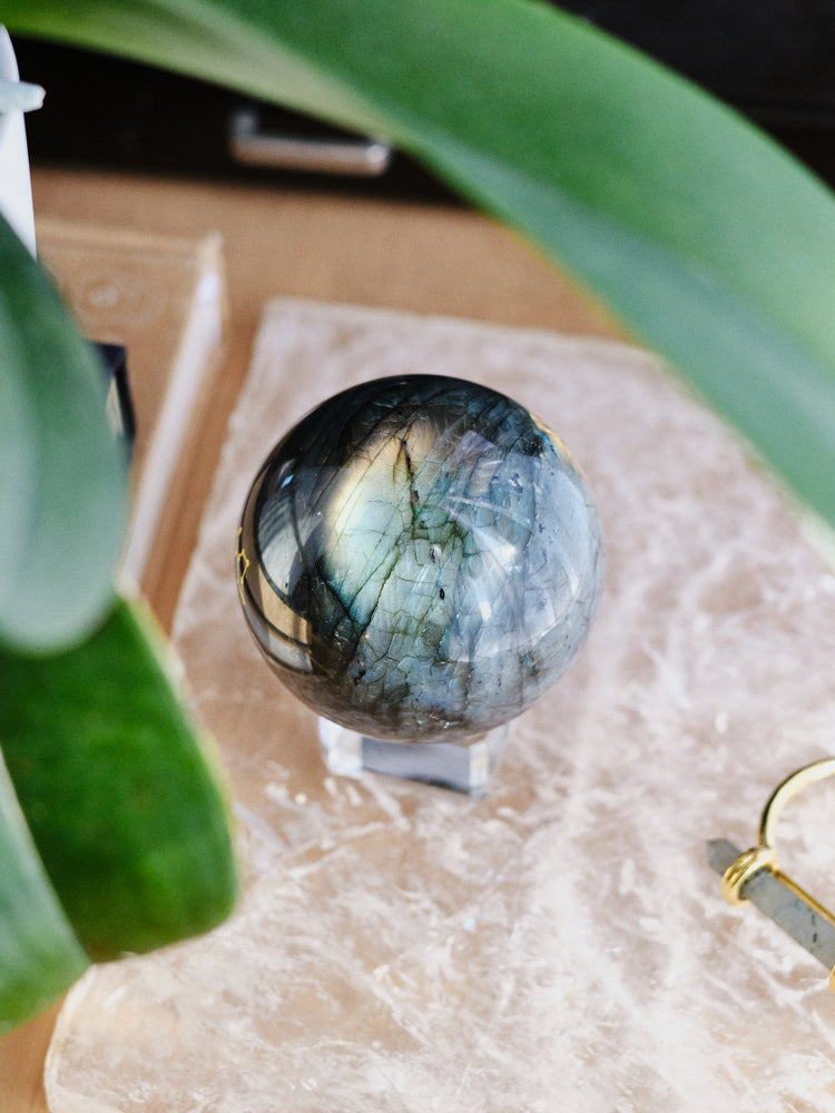 Engraved "Leo" Labradorite Sphere 739g