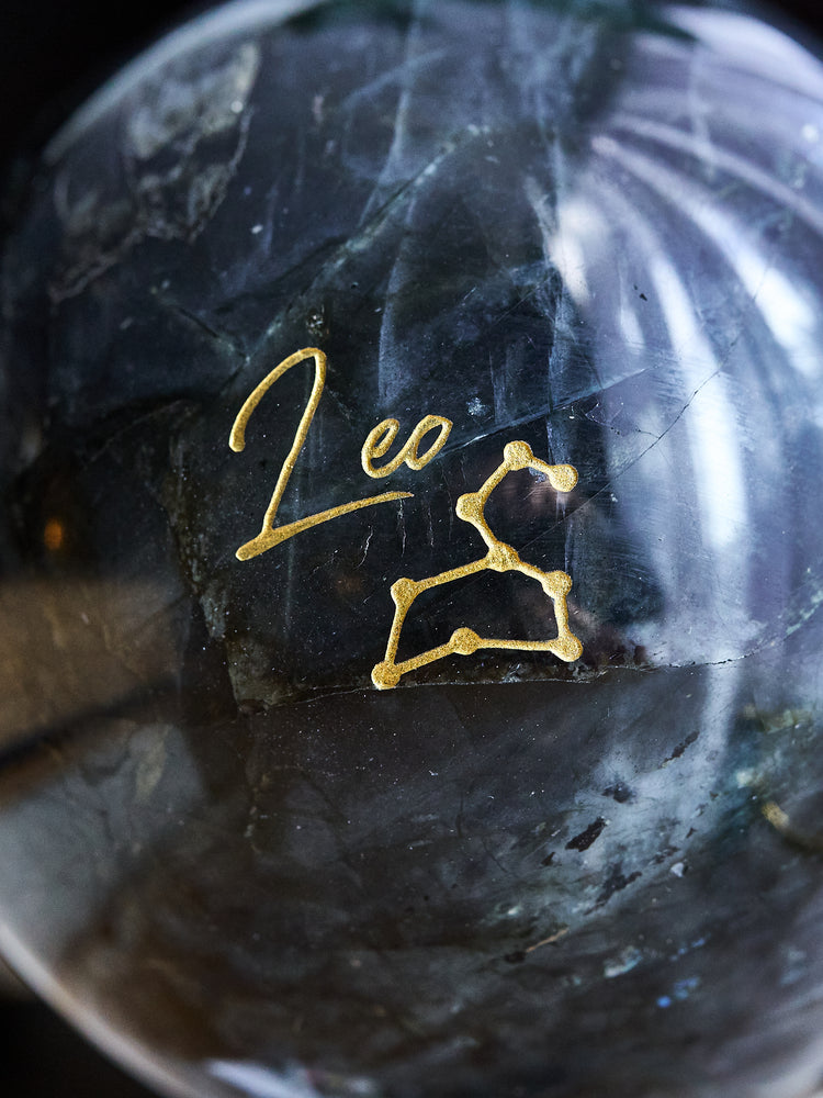 Engraved "Leo" Labradorite Sphere 739g