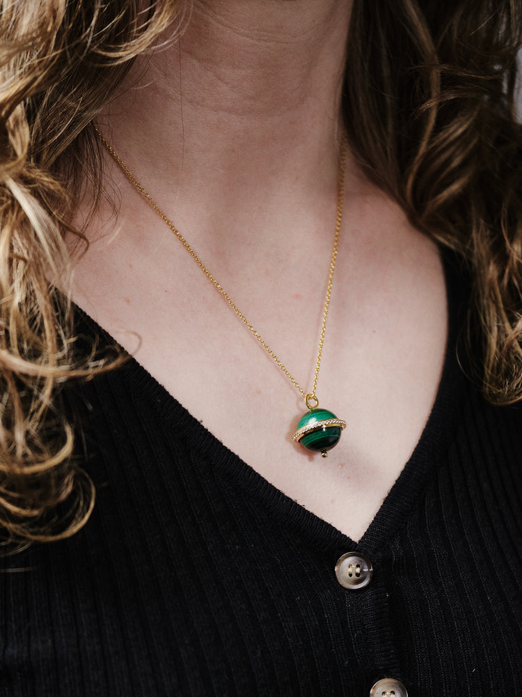 Yellow Gold Malachite Planet Necklace