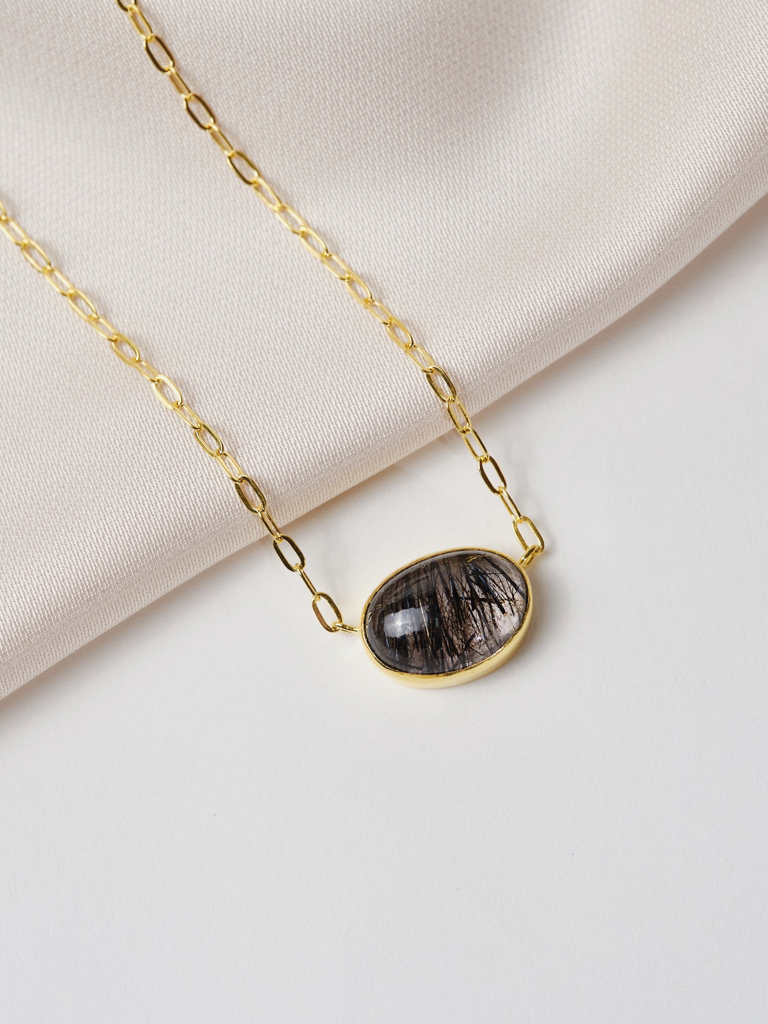 Yellow Gold Oval Amethyst Rutile Necklace