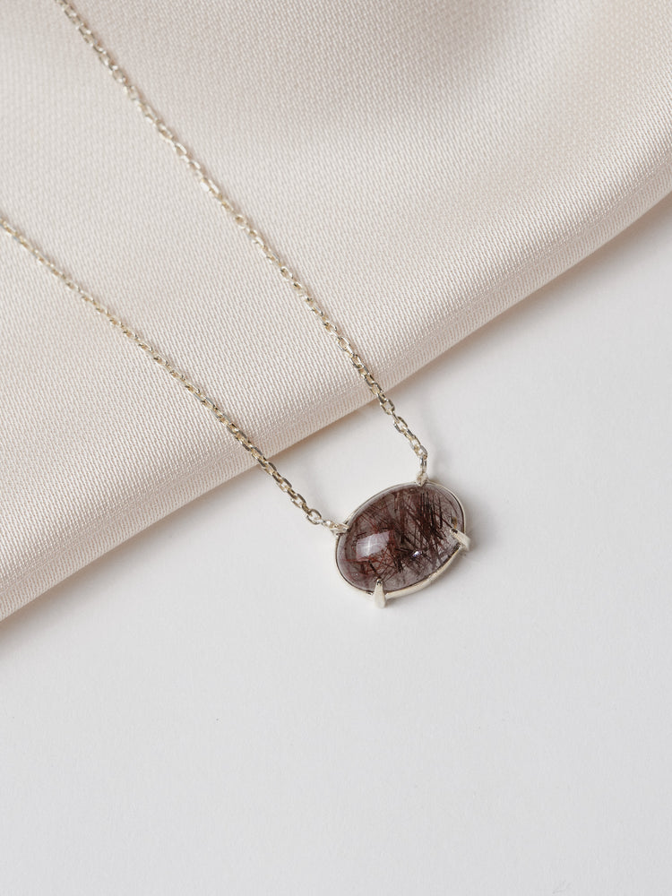 Silver Oval Amethyst Rutile Necklace Small