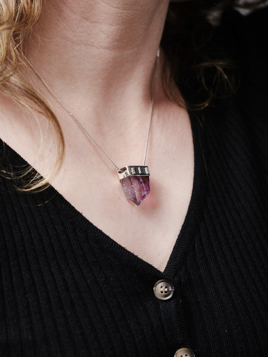 Silver Amethyst Rutile Necklace Wide