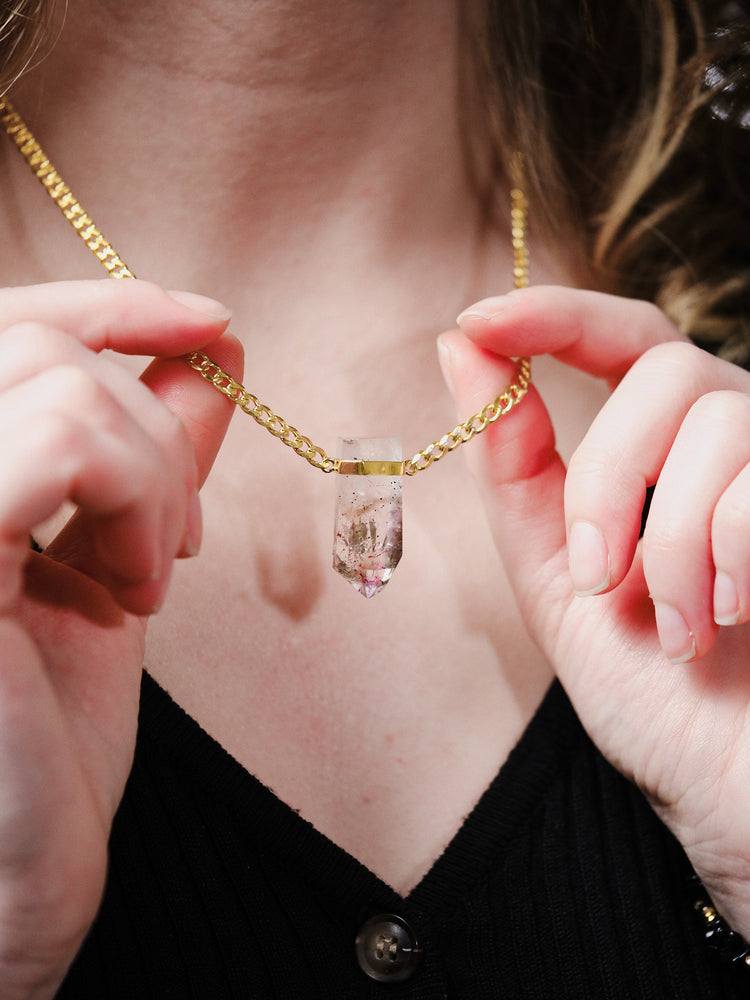 Yellow Gold Amethyst Rutile Necklace Thick Chain