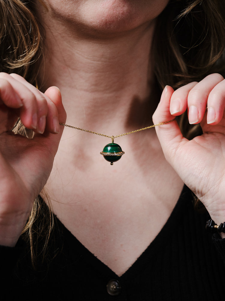 Yellow Gold Malachite Planet Necklace