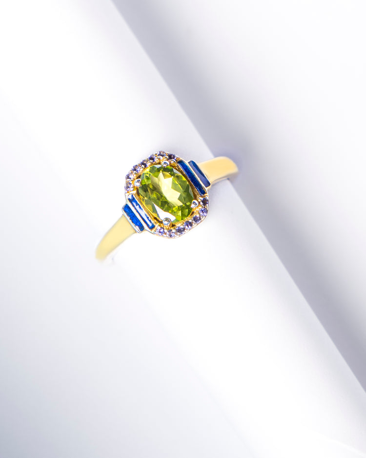 Peridot, Iolite and Enamel Art Deco Ring