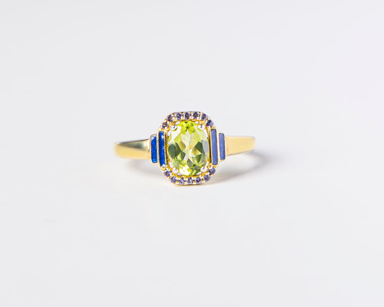 Peridot, Iolite and Enamel Art Deco Ring