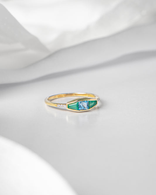 Swiss Blue Topaz & Green Onyx Art Deco Ring