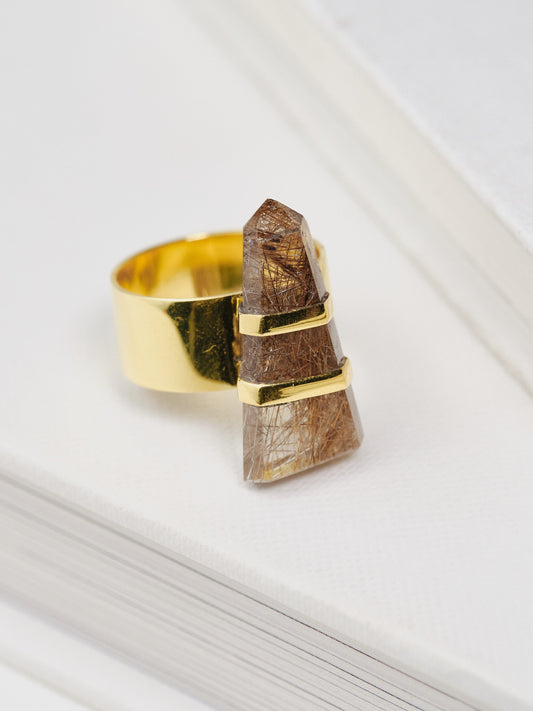 Rutilated Quartz Ring Yellow Gold Thick Band