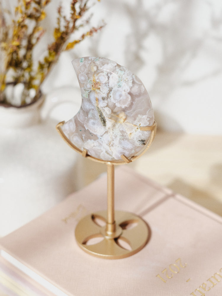 Sakura Blossom Agate Moon on Matte Gold Stand