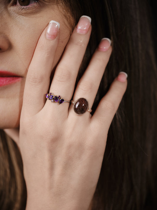 Silver Amethyst Rutile Ring Deep Purple Medium