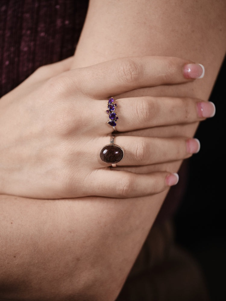 Silver Amethyst Rutile Ring Deep Purple Medium