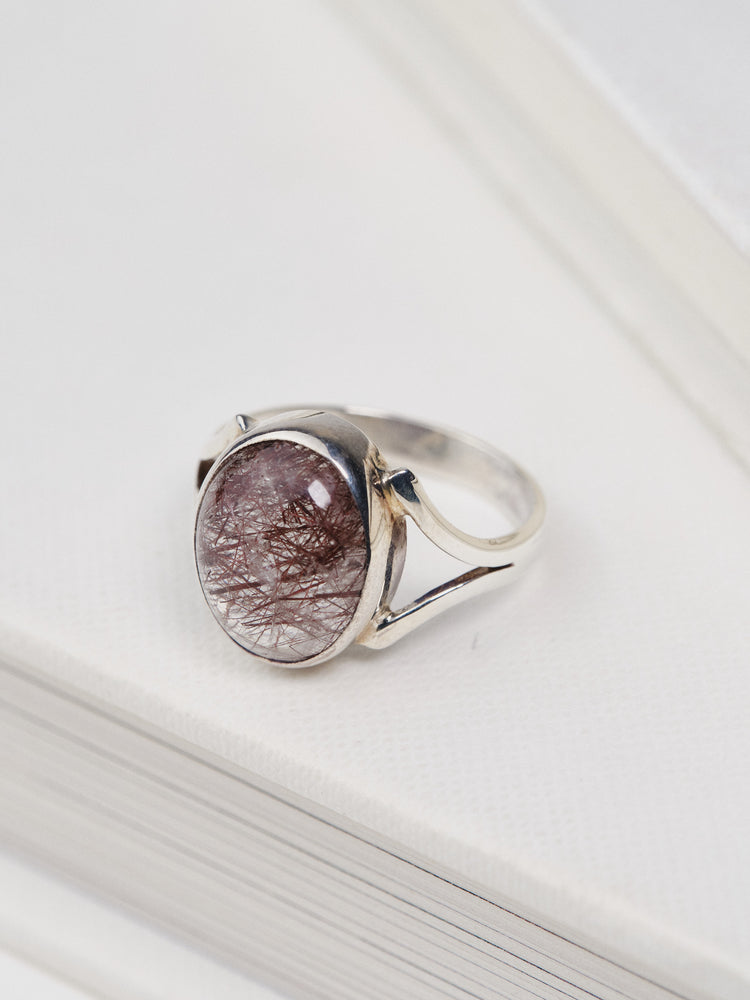 Silver Amethyst Rutile Ring Deep Purple Small