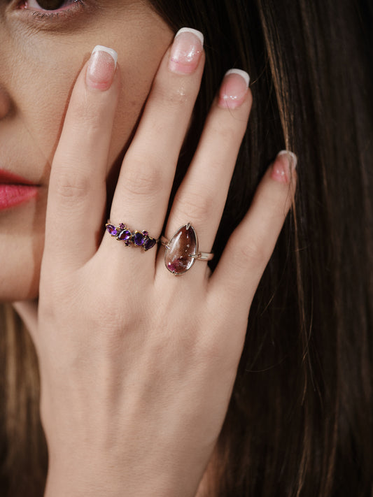 Silver Amethyst Rutile Ring Droplet