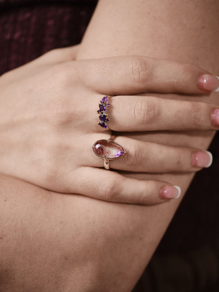 Silver Amethyst Rutile Ring Droplet