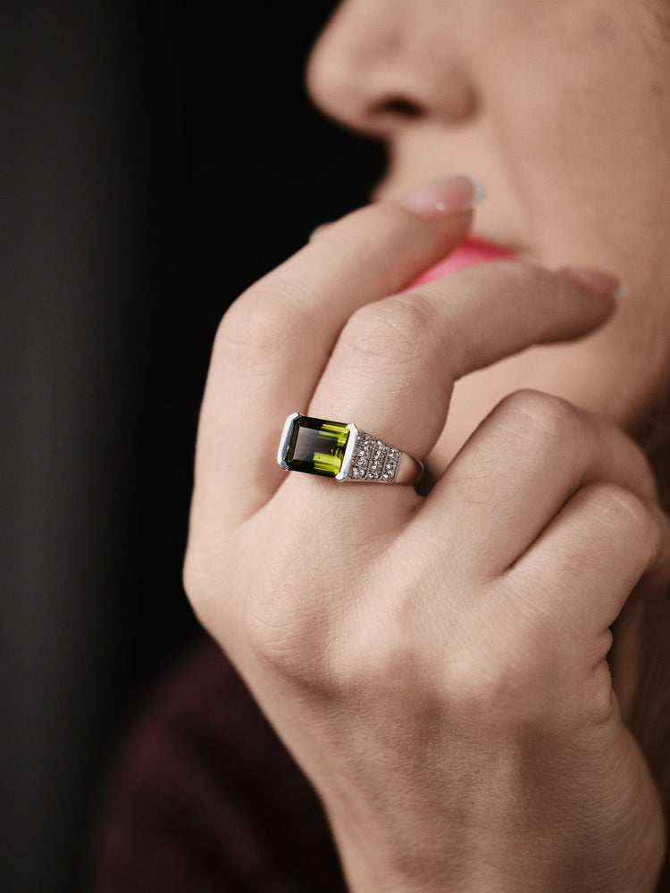 Silver Moldavite Rectangle Ring