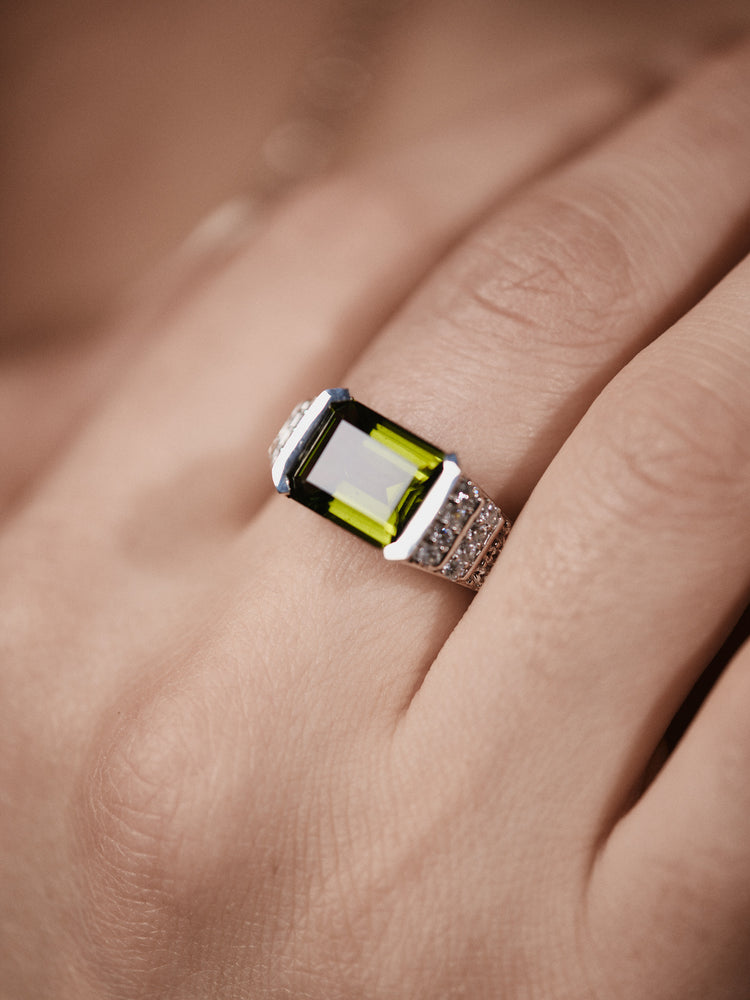 Silver Moldavite Rectangle Ring