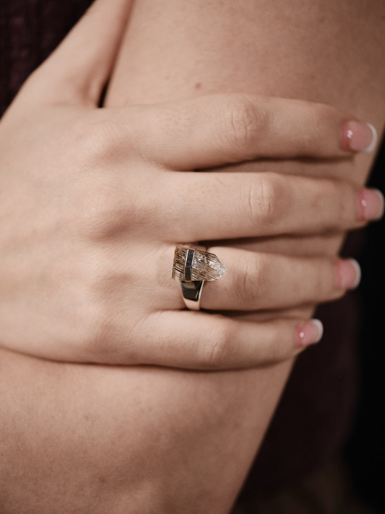 Silver Rutile Quartz Ring Thin Band