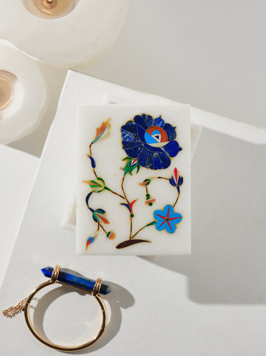 White Medium Lapis Lazuli Flower Taj Mahal Box