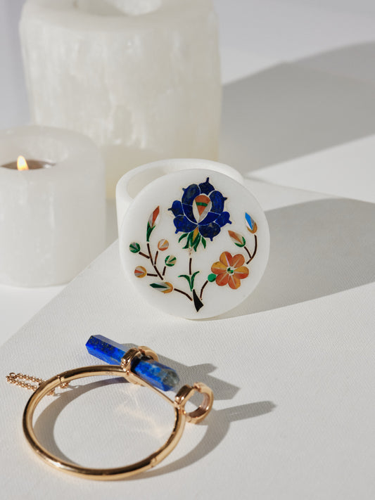 White Small Round Lapis Flower Taj Mahal Box