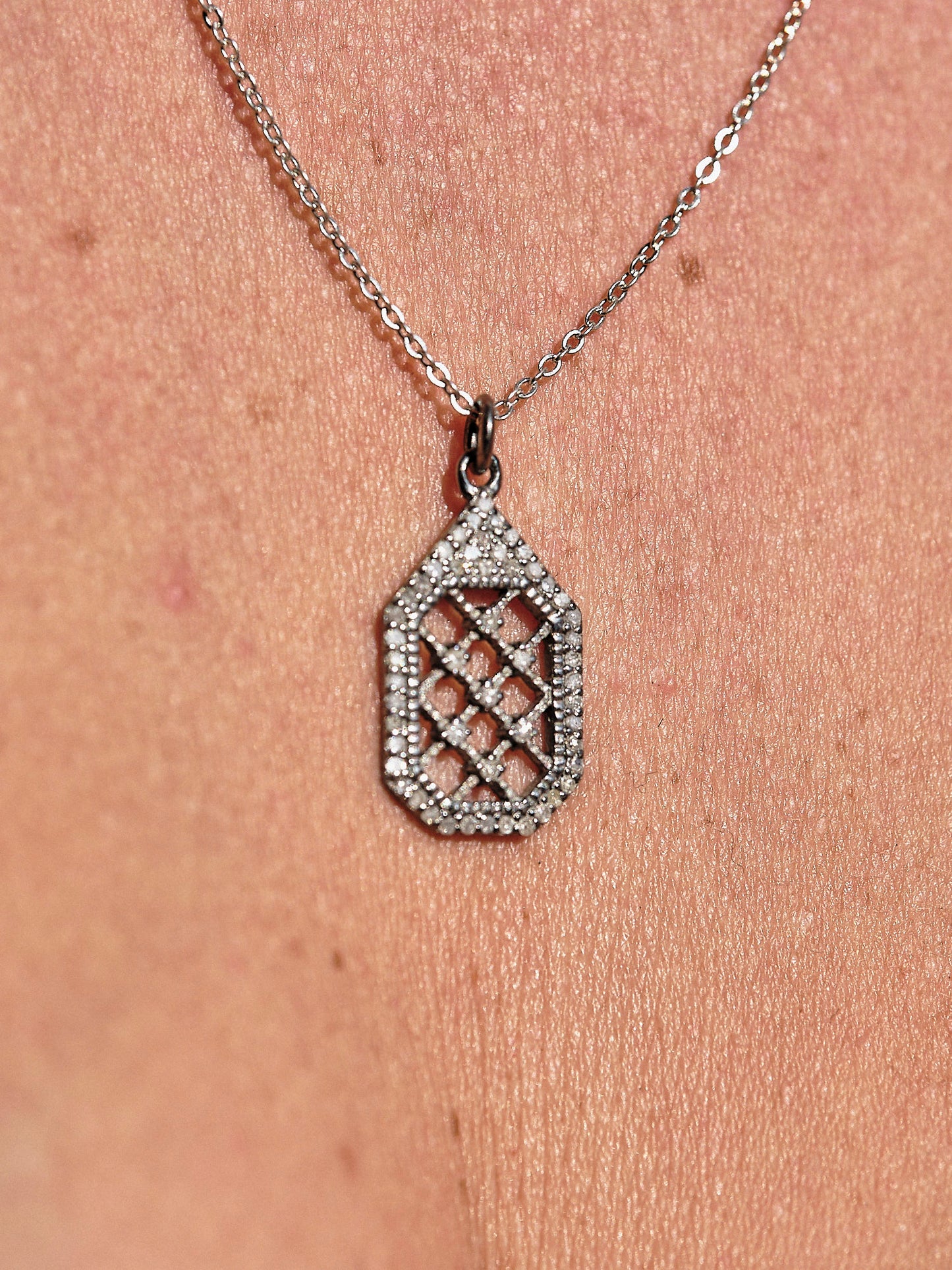 Oxidised Silver Checkered Tag With Salt and Pepper Diamonds Pendant