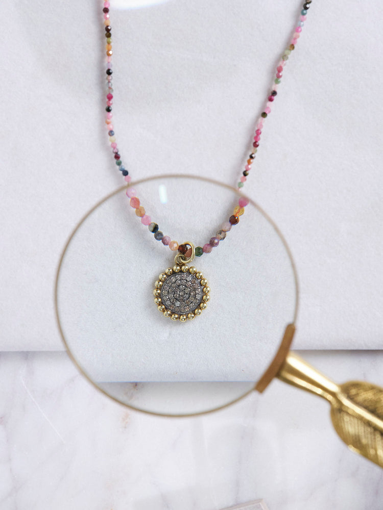 Diamond Round Necklace with Watermelon Tourmaline Strand