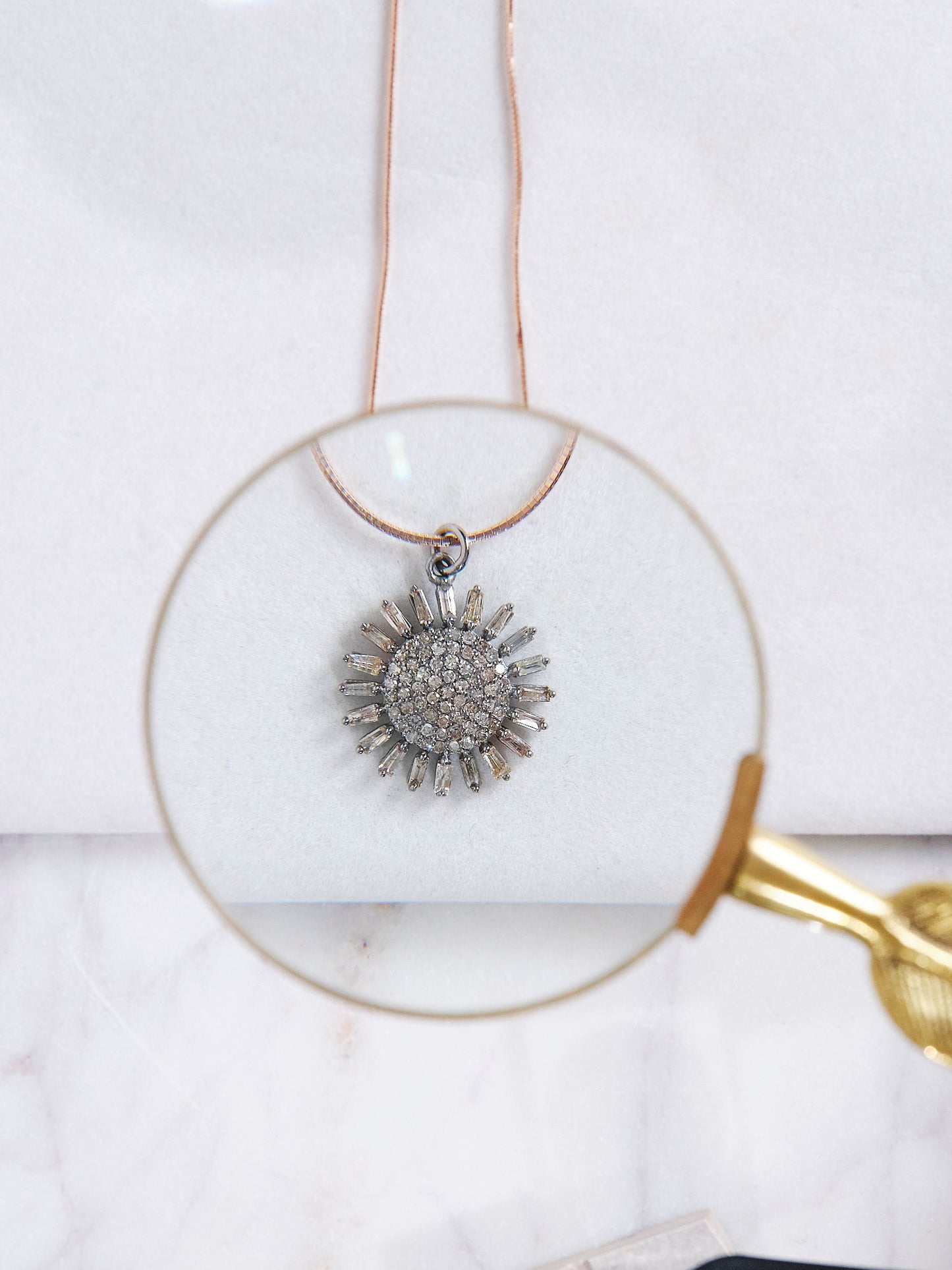 Diamond Sun Pendant with Oxidised Silver on Rose Gold Chain