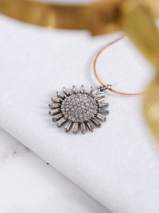 Diamond Sun Pendant with Oxidised Silver on Rose Gold Chain