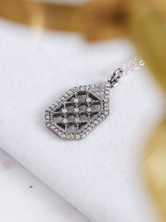 Oxidised Silver Checkered Tag With Salt and Pepper Diamonds Pendant