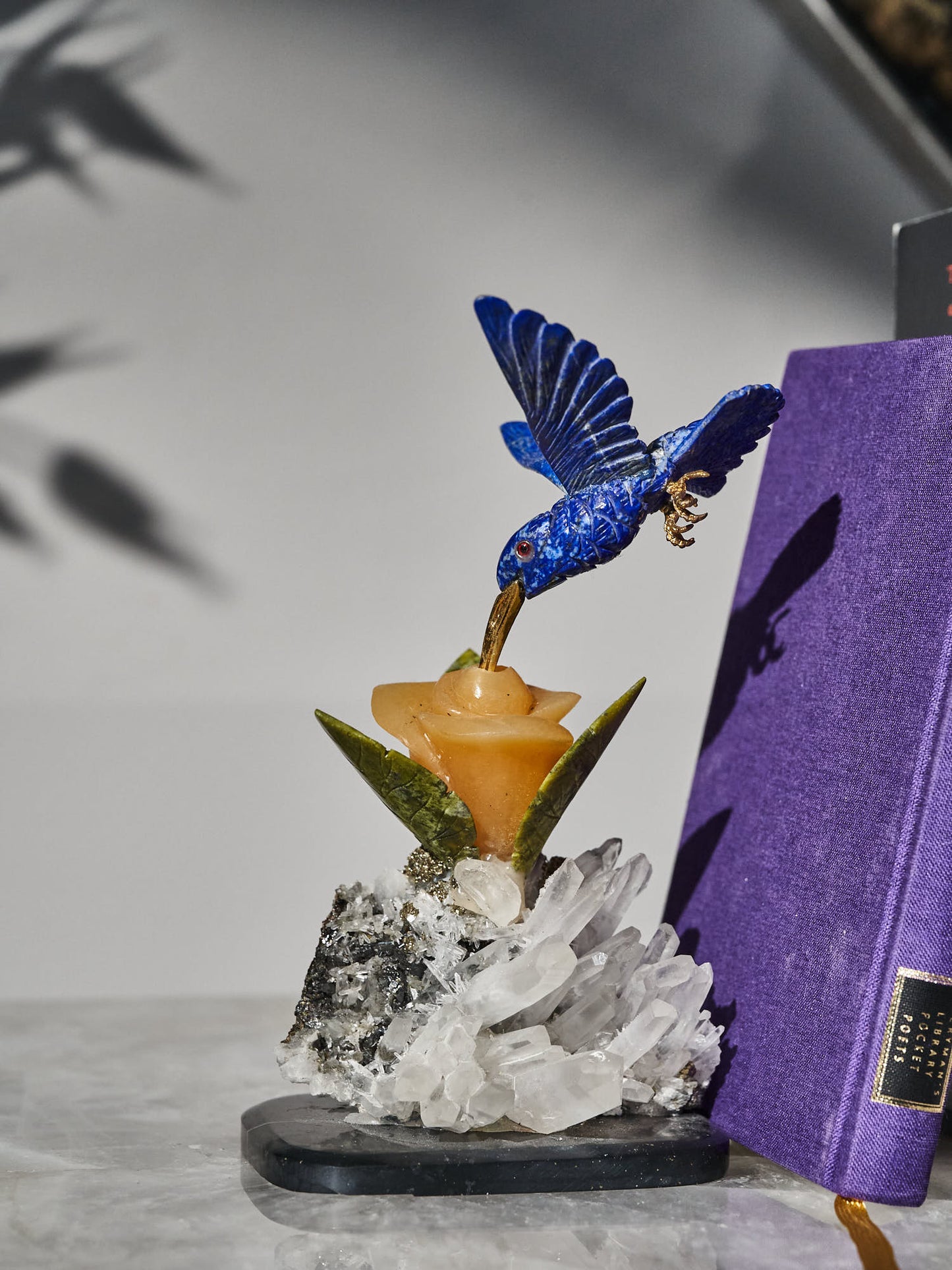 Lapis Lazuli Hummingbird on Quartz & Pyrite Matrix